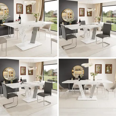 Productafbeelding van Uittrekbare eettafel, 120–160 x 80 x 76 cm, tafelblad van MDF met marmerlook, vleugelvormige metalen poten, hoogteverstelbare poten, belastbaar tot 60 kg
