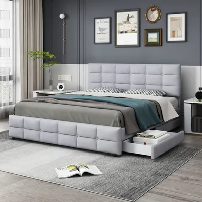 Produktbild von Fortuna Lai Polsterbett 180 x 200 cm, Doppelbett mit 4 Schubladen, Lattenrost und Rückenlehne, Doppelbett aus Samt für Erwachsene und Jugendliche, Grau