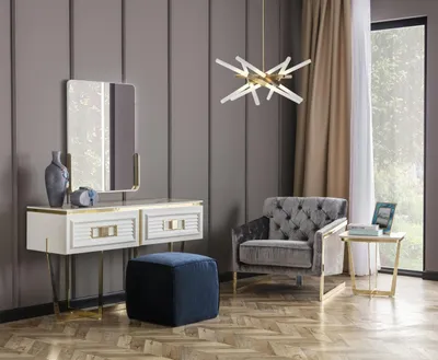 Produktbild von Weiß Schminktisch Mit Spiegel Und Hocker r Kosmetiktisch Designer Set