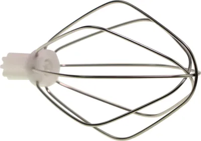A close-up studio shot of a whisk attachment for a kitchen mixer.