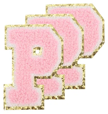 Produktbild von Buchstaben-Aufnäher zum Aufbügeln - Bestickte Sticker mit Goldrand - Für Kleidung Rucksäcke und Hüte - 3,3 Zoll - 3 Stück - Pink Buchstabe P
