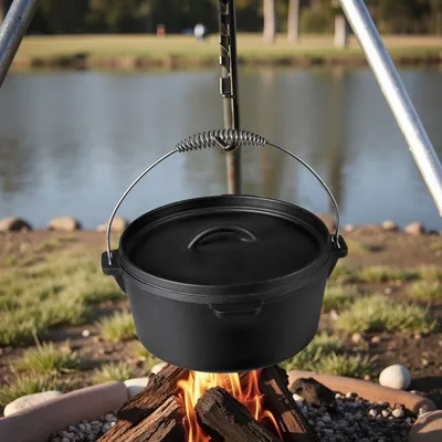 Produktbild von Dutch Oven 4.5L Gusseisen Feuertopf Gusstopf Schmortopf Kochtopf mit Deckelheber für Outdoor Camping BBQ