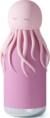 A pink jellyfish-shaped water bottle with tentacles and closed eyes.
