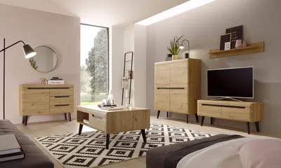 Produktbild von Wohnzimmer Set in Eiche Artisan mit Schwarz TIROL-61 skandinavisches Design, mit Couchtisch und Sideboard