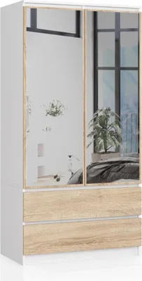 Produktbild von Kleiderschrank mit Schubladen und Spiegeln, 90 cm, LOTA – weiß/sonoma Eiche