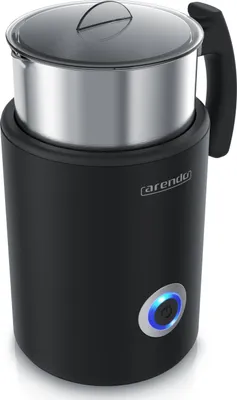 A black electric milk frother with a silver interior and a glass lid, on a white background.