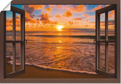 Produktbild von ARTland Poster Fensterblick Sonnenuntergang am Strand Größe: 100x70 cm