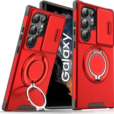 Obrázek produktu pro Dvouvrstvé pouzdro pro Samsung Galaxy S22 Ultra 5G, s posuvným krytem fotoaparátu a magnetickým kroužkovým stojánkem Červený