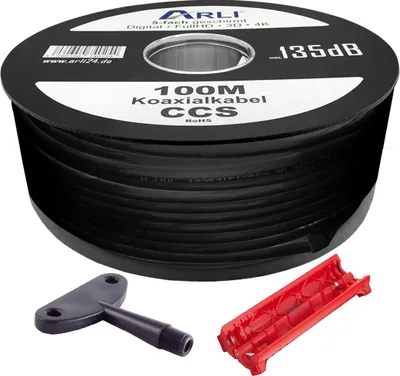 Produktbild von ARLI 100m Koaxialkabel max. 135dB 5-fach geschirmt schwarz + Abisolierer & Aufdrehhilfe – Werkzeug Set für DVB-S/S2, DVB-T/T2, DVB-C/C2, 4K UHD