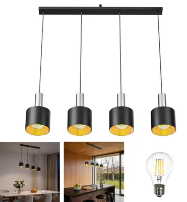 Produktbild von JOIEYOU Vintage Hängelampe Metall Schwarz Silber 3-flammige Pendellampe E27 Leuchtmittel, Warmweiß 2800–3200K Höhenverstellbar Küchenlampe Deckenlampe