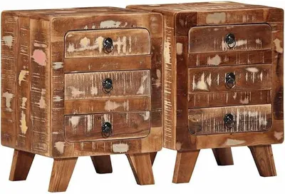 Imagen del producto de Conjunto de dos mesitas de noche hechas de madera reciclada, con dimensiones de 37x32x50 cm. Cómoda de madera maciza con espacio de almacenamiento. Mesitas de noche modernas para dormitorios, habitaciones juveniles y habitaciones de invitados