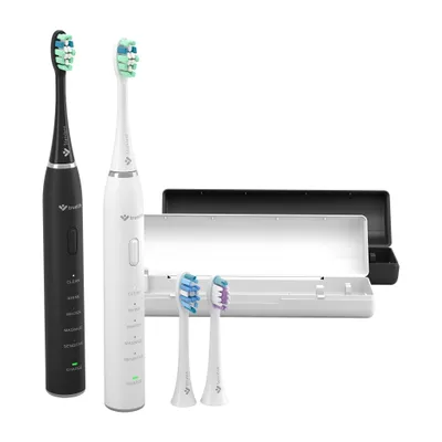 A black and white electric toothbrush set with multiple brush heads and a travel case, displayed on a white background.
