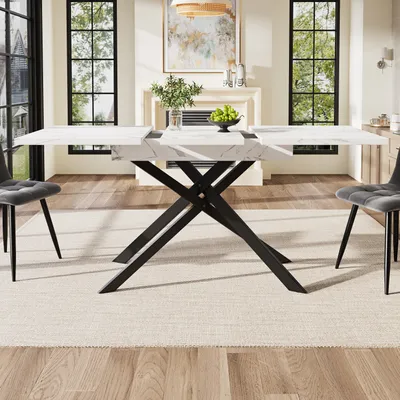Productafbeelding van okwish Uitschuifbare eettafel, keukentafel, zwarte metalen poten in kruisvorm, wit marmeren blad, bijzettafel, geschikt voor keuken en woonkamer, wit