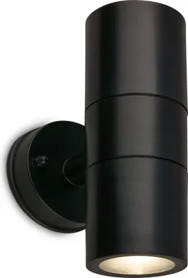 A black outdoor wall lamp with two cylindrical light fixtures, mounted on a white background.