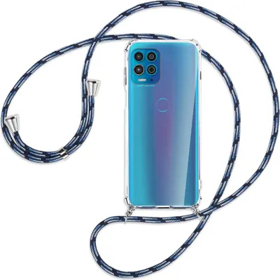Produktbild von Handykette Backcover-Schutzhülle mit Band (Metall silberfarben) für Motorola Moto G100 - Blautöne