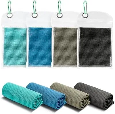 Produktbild von Amazon Basics Sport-Kühlhandtücher für Hals und Gesicht, fürs Training, 102 cm x 31 cm, 4er-Pack, Schwarz/Grau/Aqua/Marineblau