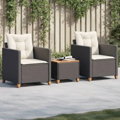 Produktbild von Design 3-tlg. Bistro-Set mit Kissen Schwarz Poly Rattan Akazienholz, Gartenmöbel-Sets 2024 Neu