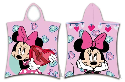 Zdjęcie produktu dla Dziecięce poncho kąpielowe z kapturem Disney Myszka Minnie sukienka w kropki różowa kokardka zielone serca różowy 50 x 115 cm 100% bawełna