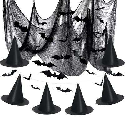 Halloween Hexenhüte Set 6tlg. mit 3D Fledermäusen