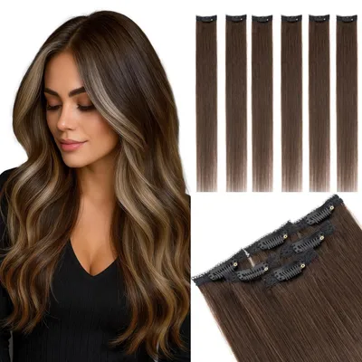Immagine prodotto di Clip-in per extension di capelli naturali, 6 pezzi, 30 cm, marrone scuro, lisci