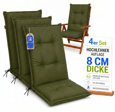 Produktbild von Pillows24 - 4x Hochlehner Auflagen 120x50x8 cm | Gesteppte Wetterfeste Gartenstuhlauflagen | Polster Sitzkissen für Gartenmöbel | EU | Grün