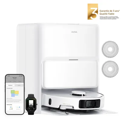 A white robot vacuum cleaner with its charging station, a smartphone, and a smartwatch.