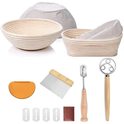 Zdjęcie produktu dla Kosz do wyrastania ciasta - Owalny i okrągły - Naturalny rattan - Zestaw 2 szt. - Zestaw do zakwasu do pieczenia chleba