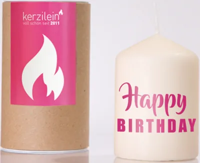 Produktbild von KERZILEIN 8cm Kerze HAPPY BIRTHDAY Flämmchen Deko klein Spruch Sprüche weiß pink