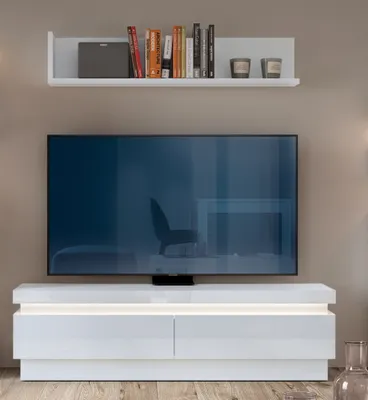 Produktbild von Wohnzimmer TV-Möbel Set, Lowboard & Wandboard, in weiß Hochglanz mit indirekter Beleuchtung, LYNDHURST-129, B/H/T ca. 147/165/42 cm