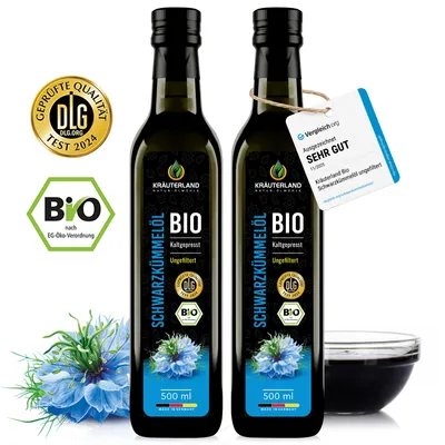 Produktbild von Kräuterland Premium Schwarzkümmelöl, 2x 500ml ungefiltert, kaltgepresst, Europas größte Ölmühle im Online-Handel, 22 Jahre Erfahrung, mühlenfrisch
