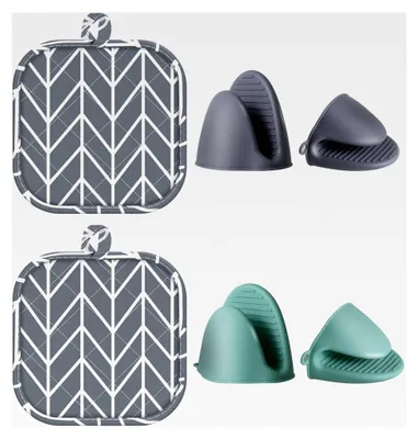 Produktbild von Set aus 4 Mini Silikon Ofenhandschuhen und 2 Topflappen, hitzebeständig bis 230°C, für Kochen, Backen und Grillen
