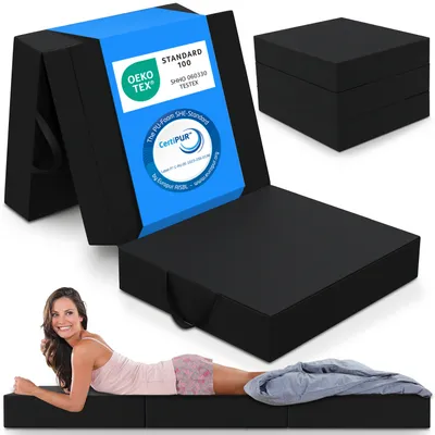 Produktbild von Materac składany ELONEO, materac gościnny, 3-częściowy materac składany, bardzo gruba pianka (15 cm), składany, składany materac, (czarny, 75 x 195 x 15 cm)