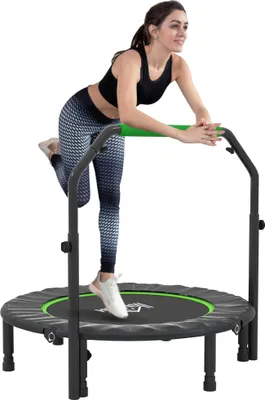 Produktbild von Fitness Trampolin - Rebounder mit Haltestange - 102 cm Durchmesser - Klappbar - 4-fach höhenverstellbarer Griff - Stahlrahmen - Für Cardio & Beintraining - Schwarz