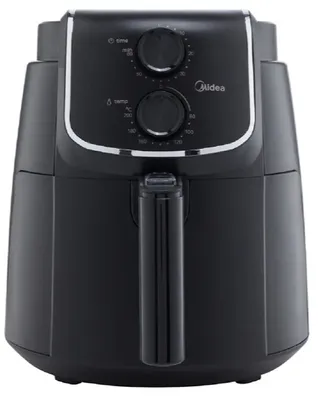 A black Midea air fryer is shown from the front against a white background.