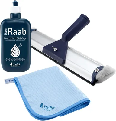 Produktbild von Ha-Ra Fenster-Putz-Reinigungsset I Fensterwischer 32cm I Konzentrierte Vollpflege 500ml I Microfaser Hammer Tuch 68x50cm I Fensterputz Set