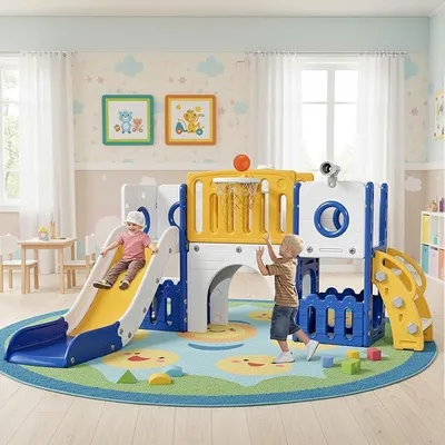 Produktbild von 9 in 1 Kinderrutsche, Indoor & Outdoor Rutsche | mit Basketballkorb und Teleskop, Tunnel, Stauraum, Gartenrutsche,Kinder Spielplatz, mit 4PCS Moduls, Gelb Blau