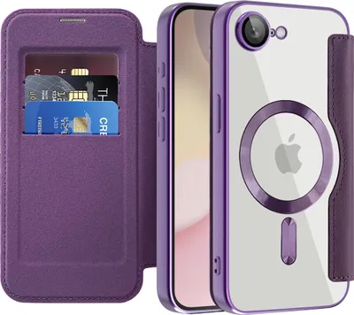 Immagine prodotto di Custodia per iPhone 16e compatibile con MagSafe, custodia trasparente con portacarte, custodia in pelle con protezione della fotocamera Viola