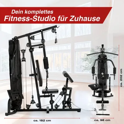 Produktbild von FitEngine Kraftstation Trainingsbank Heimtrainer multifunktion Fitnessstation Gym Hantelbank Fitnesscenter Metall Gewichte Homegym Klimmzugstange dips