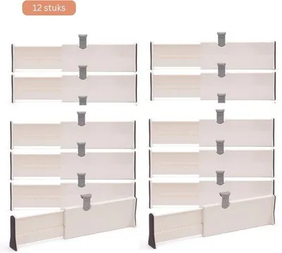 Productafbeelding van JustValue Ladeverdelers 12-Pack – Verstelbaar van 28-43 cm – Kunststof – 10 cm Hoog – Lade Organizer voor Keuken – Slaapkamer – Badkamer – Kantoor – Wit