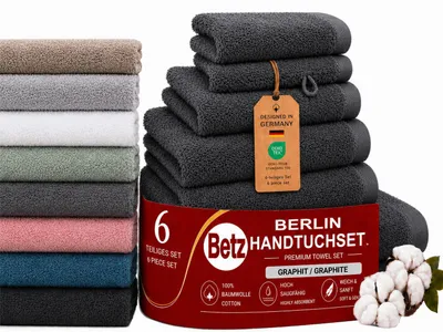 Produktbild von Betz Berlin Handtuch-Set 6 -teilig – 100% Baumwolle – ® -Duschtücher, Handtücher, Gästetücher, Seiftuch,Waschhandschuhe-Graphitgra