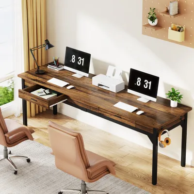 Obrázok produktu pre Tribesigns stôl počítačový stôl 200 x 60 x 82 cm, dvojitý dlhý stôl s 2 zásuvkami, PC stôl kancelársky stôl pracovný stôl jedálenský stôl, hnedý