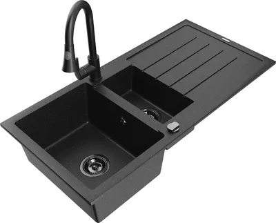Produktbild von Mexen Andres 1,5-Becken-Granitspüle mit Abtropffläche und Mischbatterie Elia, Schwarz/Silber - 6515-73-670101-70-B