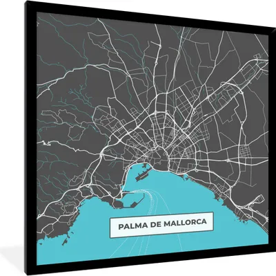 Produktbild von MuchoWow® Gerahmtes Poster Mallorca - Stadtplan - Blau - Karte 40x40 cm - Poster mit Schwarzem Bilderrahmen Wandposter Rahmen Foto Bilder - Mit Rahmen - Wanddekoration Schlafzimmer