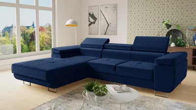 Produktbild von Ecksofa Divo mit einstellbare Kopfstützen und Schlaffunktion, Couchgarnitur, Sofagarnitur, Couch, Schlafsofa (Dunkelblau (Kronos 09), Ecksofa Links)