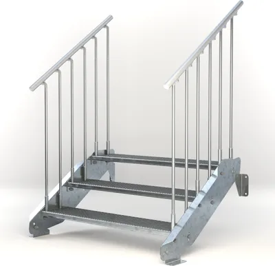 Produktbild von Stahltreppe 3 Stufen bis Höhe 64 cm, Laufbreite : 120 cm beidseitiges Geländer ST 1 (31 / 31 mm)