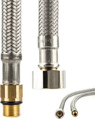 Produktbild von tecuro Anschlussschlauch M12x1 kurz auf 3/8 Zoll ÜWM, 350 mm, Ø 8 mm Innendurchmesser. HDPE Innenschlauch, Edelstahl 1.4301 Umflechtung, vernickelte Messinganschlüsse. Für Sanitärarmaturen an Eckventile. Trinkwasser und Glykol geeignet. Nicht für Kraftstoffe, Säuren, Laugen, Schutzgas. KTW-A W270 DVGW geprüft, -5°C bis 70°C, bis 10 bar.