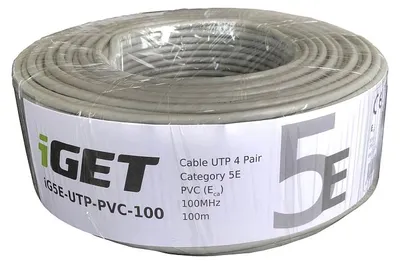 Obrázek produktu pro Síťový kabel iGET CAT5E UTP PVC Eca 100m/roleKabel drát CAT5E nestíněný s pláštěm PVC a třídou reakce na oheň EcaTechnické parametryKategorie: CAT5EPodporované protokoly : 1000BaseTStínění: neŠířka pásma : 100 MHzTyp a velikost vodiče : měděný drát AWG 23Izolace a průměr vodiče s izolací : HDPETřída reakce na oheň; typ pláště : Eca, PVCBarva pláště: šedáPrůměr kabelu: 5 mmNVP : 69 %Propagation delay : 498 nsDelay skew : ≤44 ns/100 mSkladovací teplota: -20°C až 60°CProvozní teplota: -20°C až 70°CBalení : 100