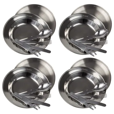 Produktbild von Edelstahl Teller Set - flach & tief mit Campingbesteck - robustes Essteller-Set für Outdoor, Camping, Trekking & Picknick 4 Personen-Set