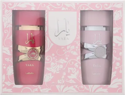 A gift set of two perfumes, one red and one pink, in a decorative box.