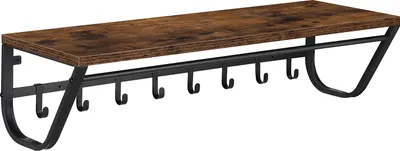 Produktbild von Wandregal mit Garderobenhaken, Kleiderstange zur Wandmontage im Industrial Design, Flurgarderoben Set aus Vintage Holz mit Metall, Maße B 90 cm x H 20 cm x T 30 cm